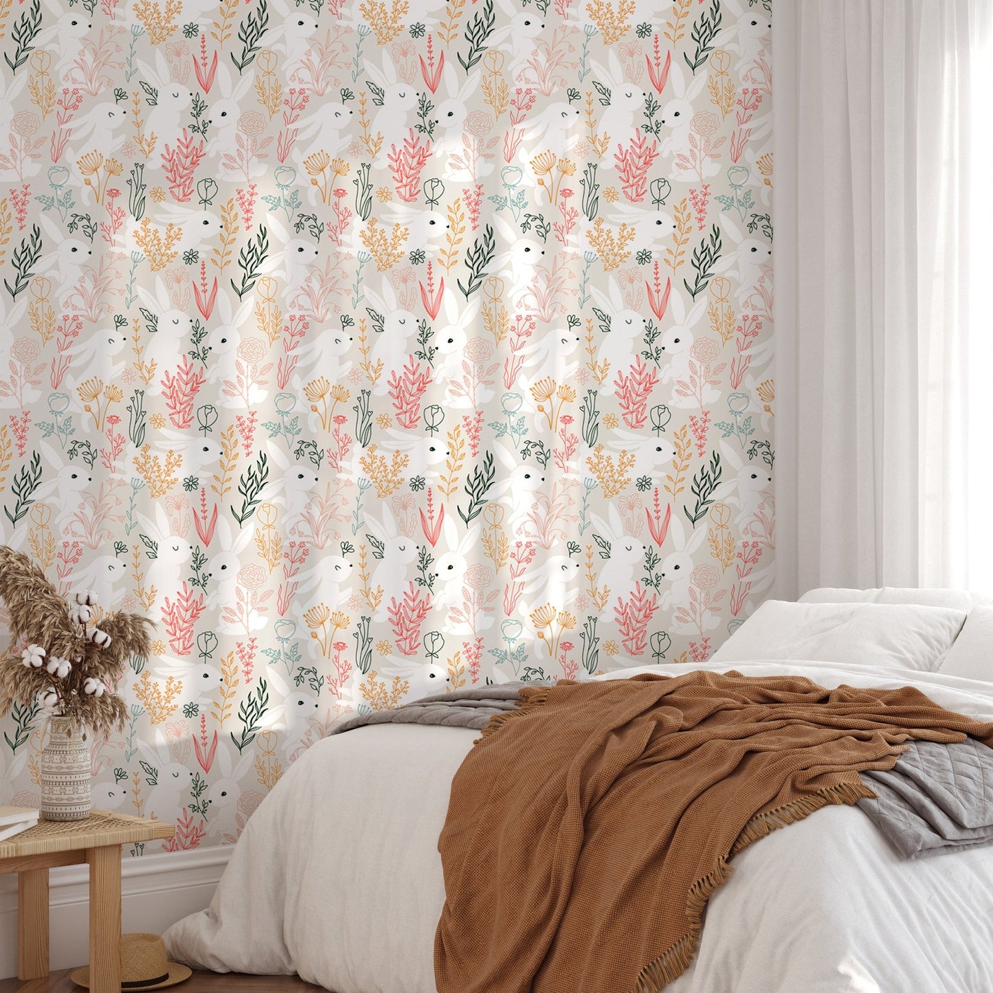Guest bedroom featuring terracotta and green botanical rabbit wallpaper.