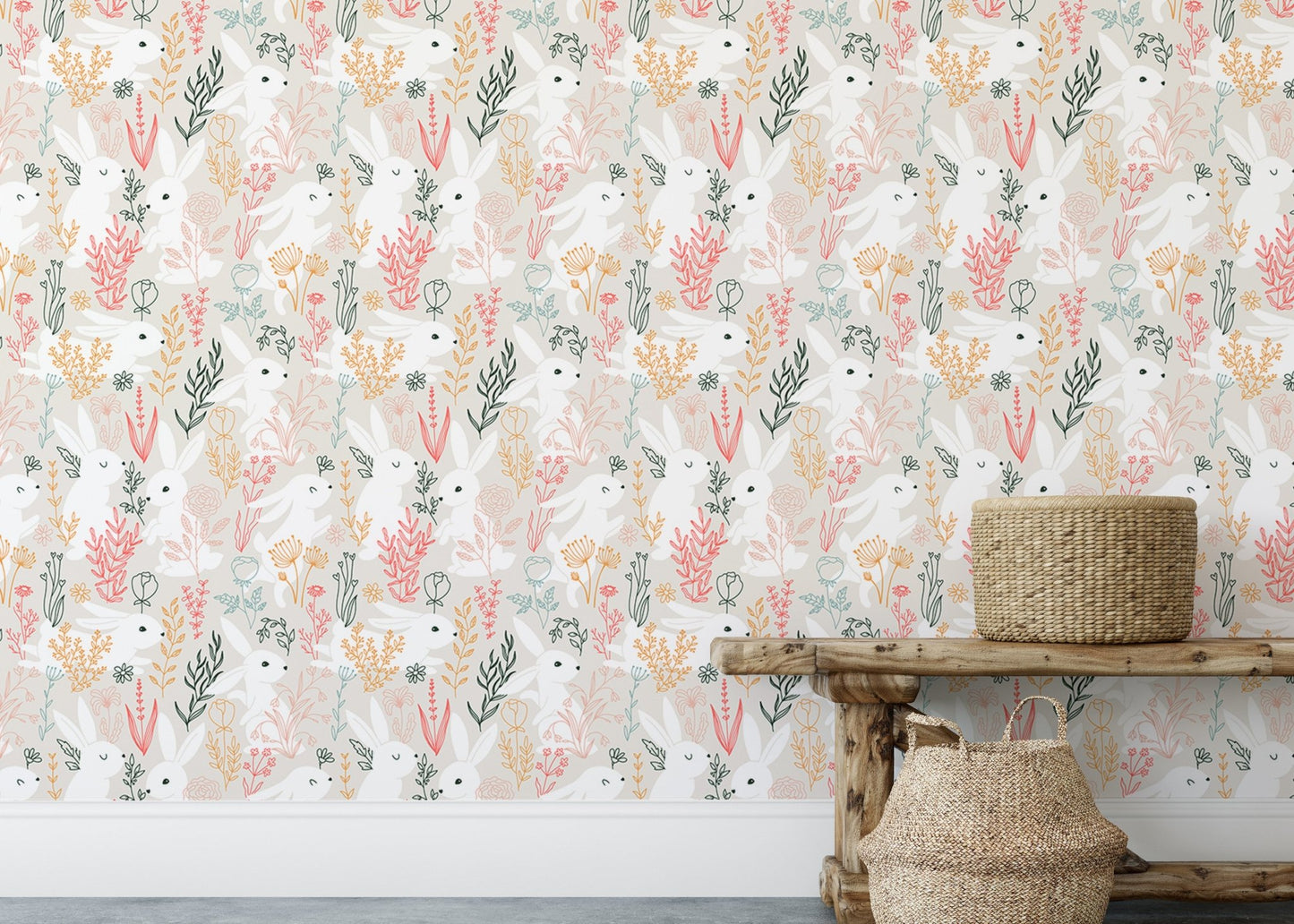 Minimalist living area featuring Rabbits Grass and Colorful Leaves Removable Wallpaper.