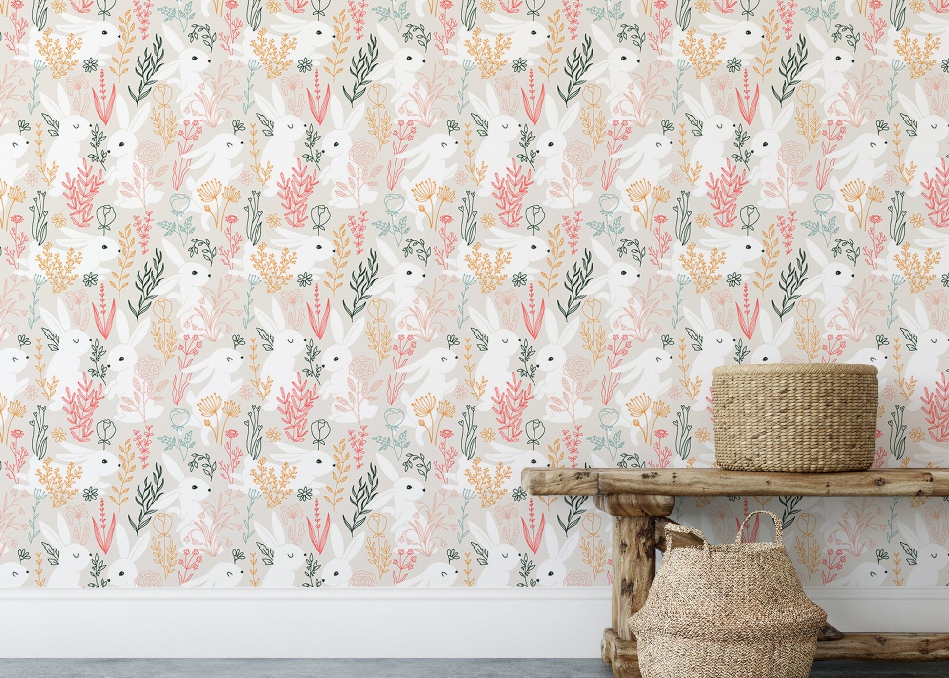 Minimalist living area featuring Rabbits Grass and Colorful Leaves Removable Wallpaper.