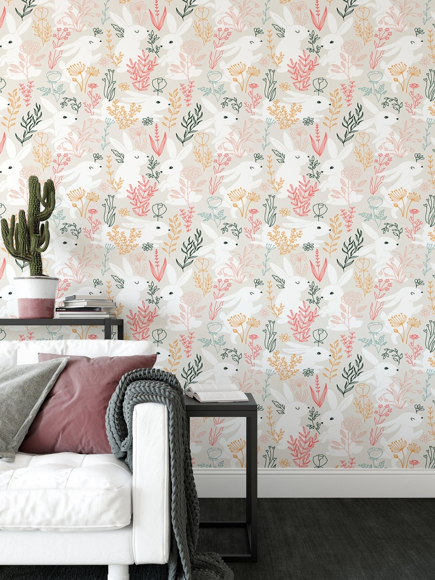 Rabbits Grass and Colorful Leaves Removable Wallpaper in living area with white sofa.