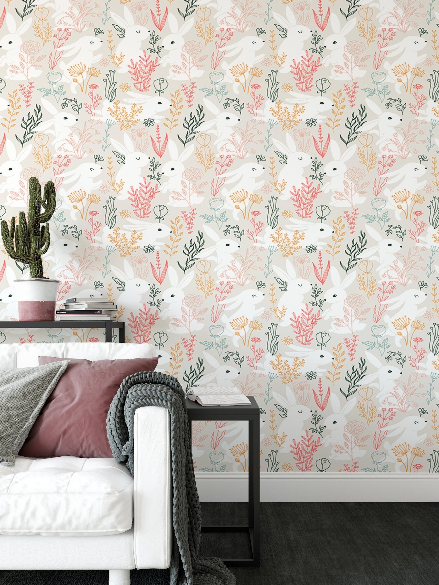 Rabbits Grass and Colorful Leaves Removable Wallpaper in living area with white sofa.