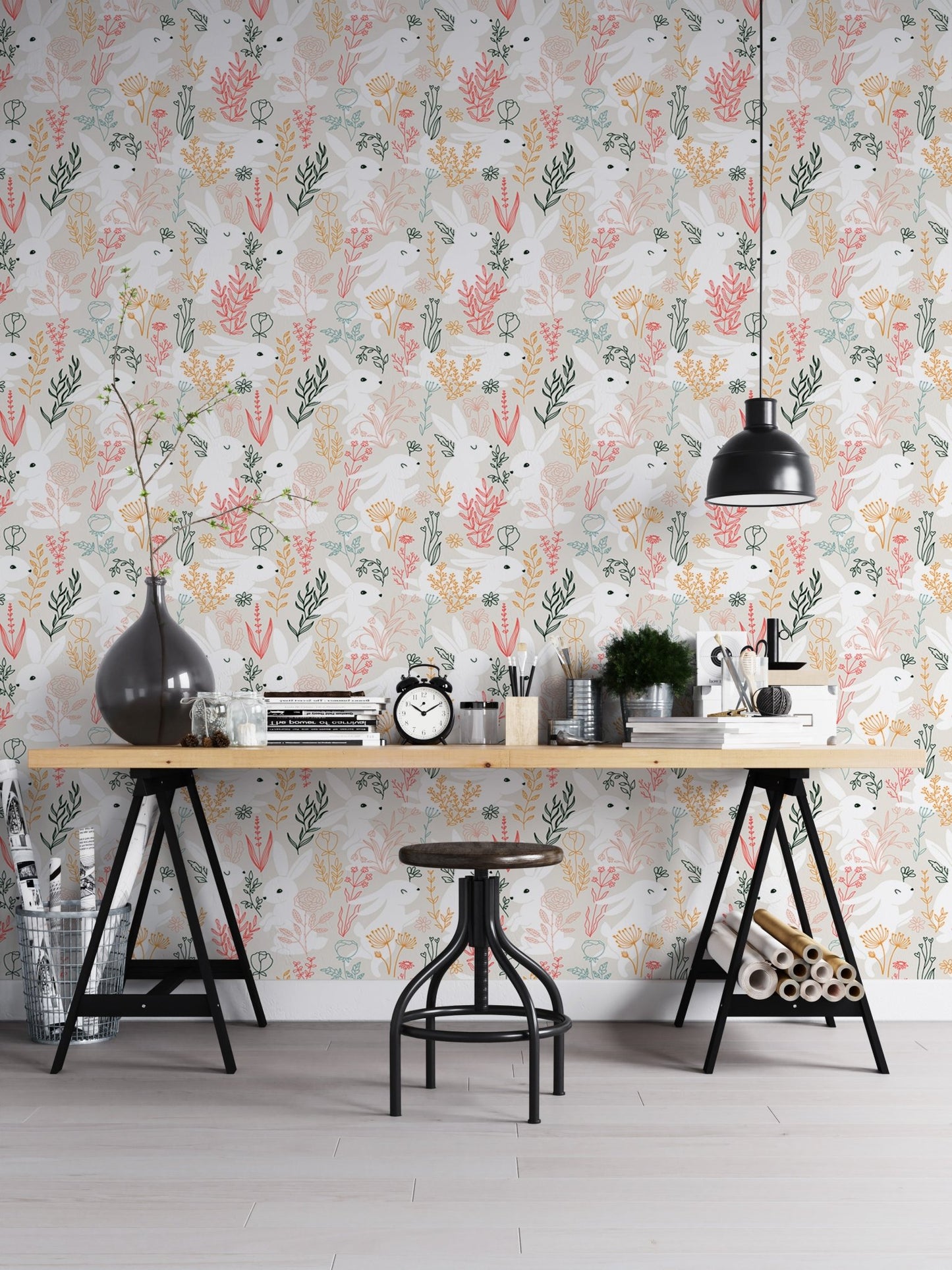 Study space with Rabbits Grass and Colorful Leaves Removable Wallpaper and black desk.