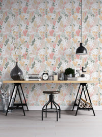 Study space with Rabbits Grass and Colorful Leaves Removable Wallpaper and black desk.