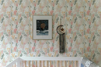 Rabbits Grass and Colorful Leaves Removable Wallpaper in baby room with white furniture.