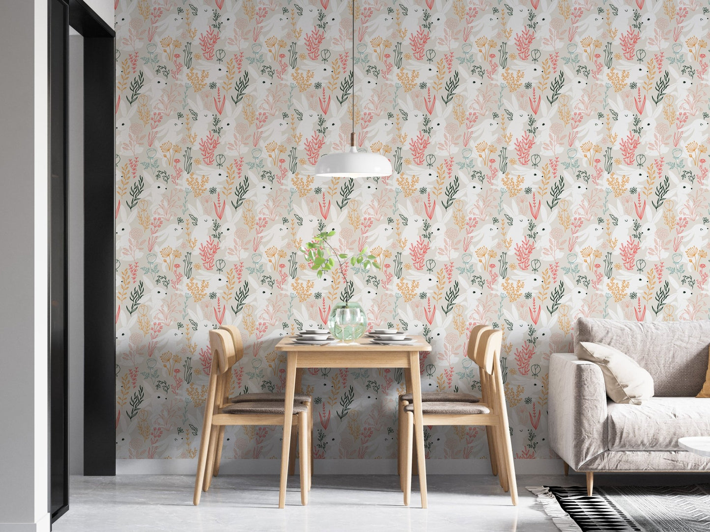 Modern dining room wallpaper with soft pink and green botanical rabbit motifs.