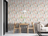 Modern dining room wallpaper with soft pink and green botanical rabbit motifs.