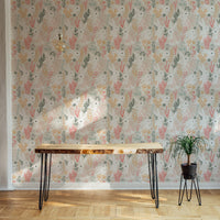 Peel and stick wallpaper featuring white bunnies and botanical print in home office.
