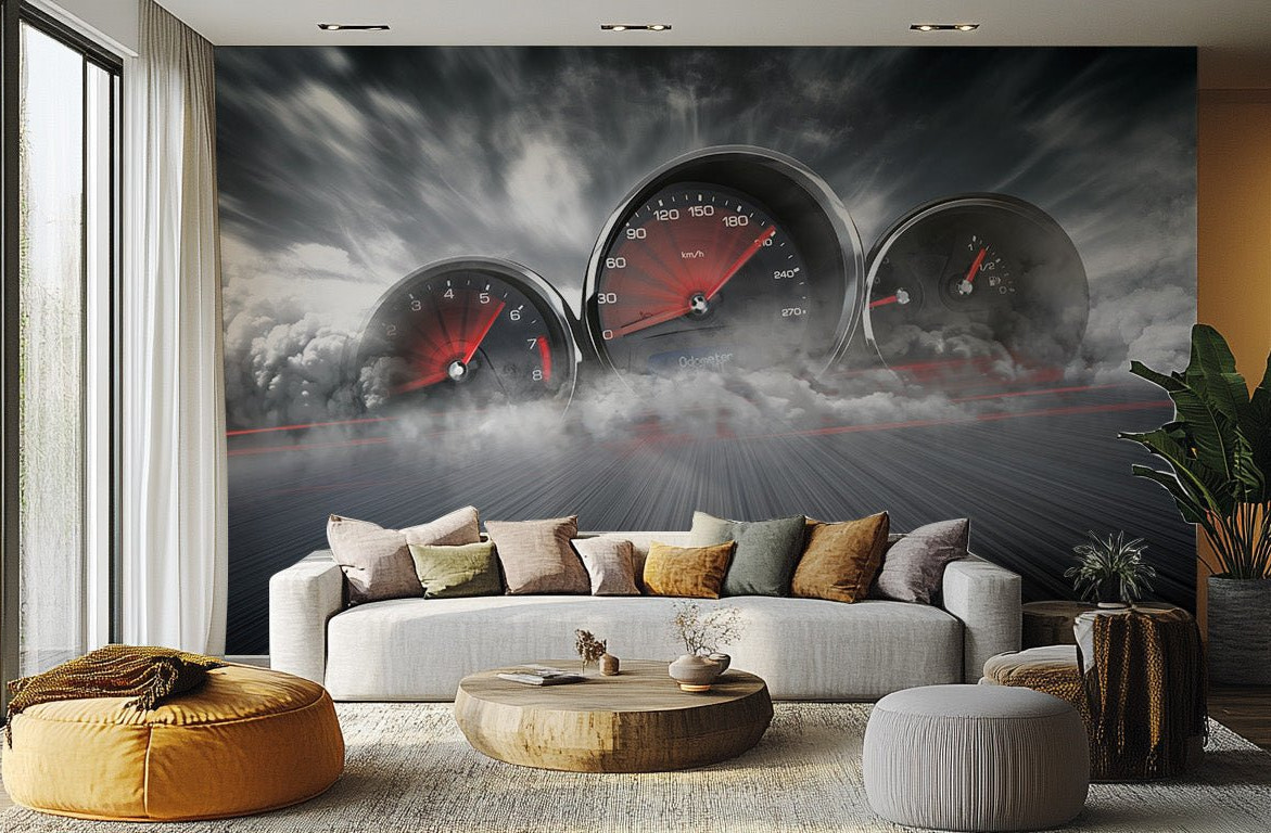 Racing speeds wallpaper mural with dynamic speedometer wall mural.