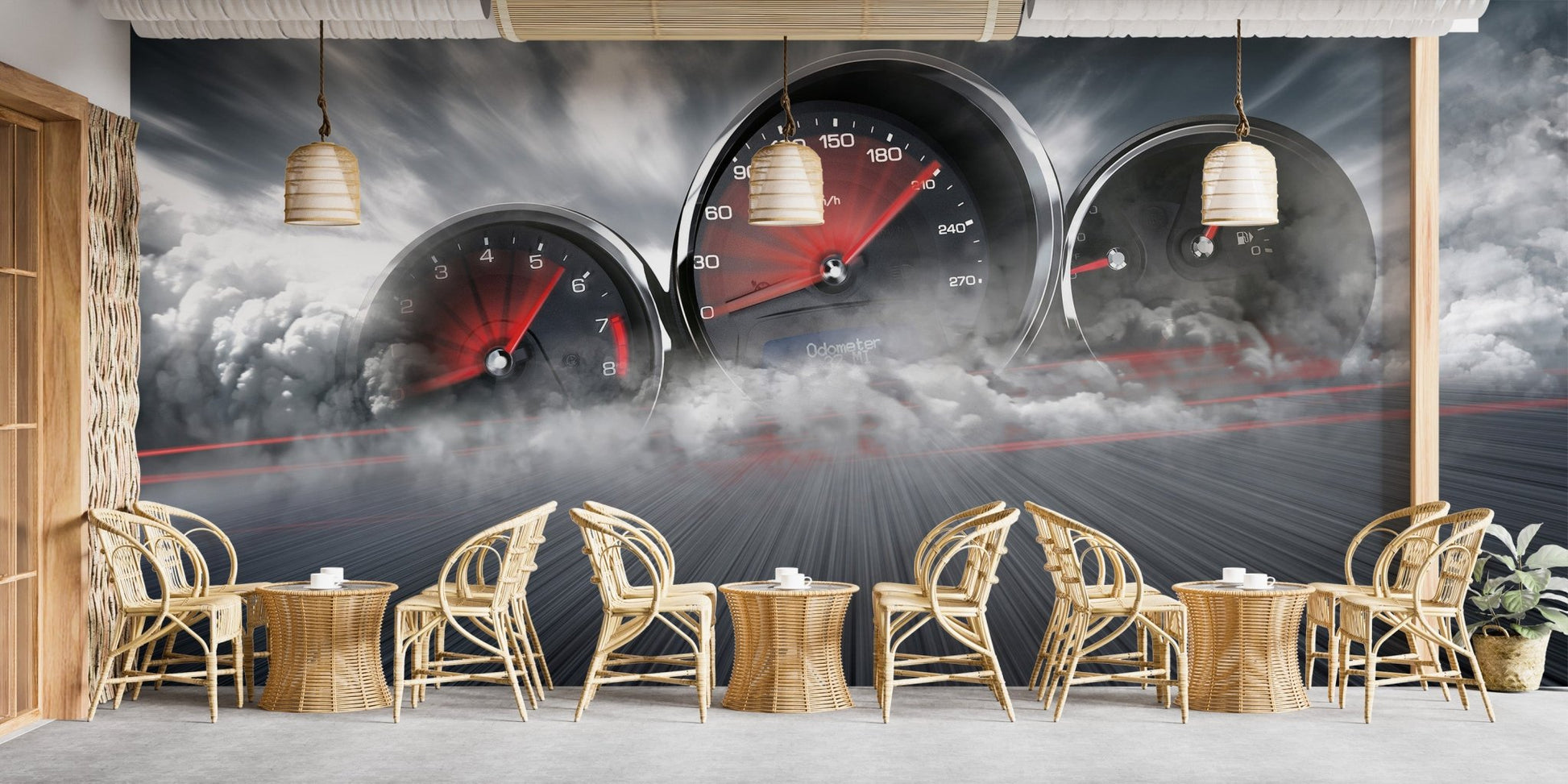 Smoky speedometer wallpaper wall mural in dark tones.
