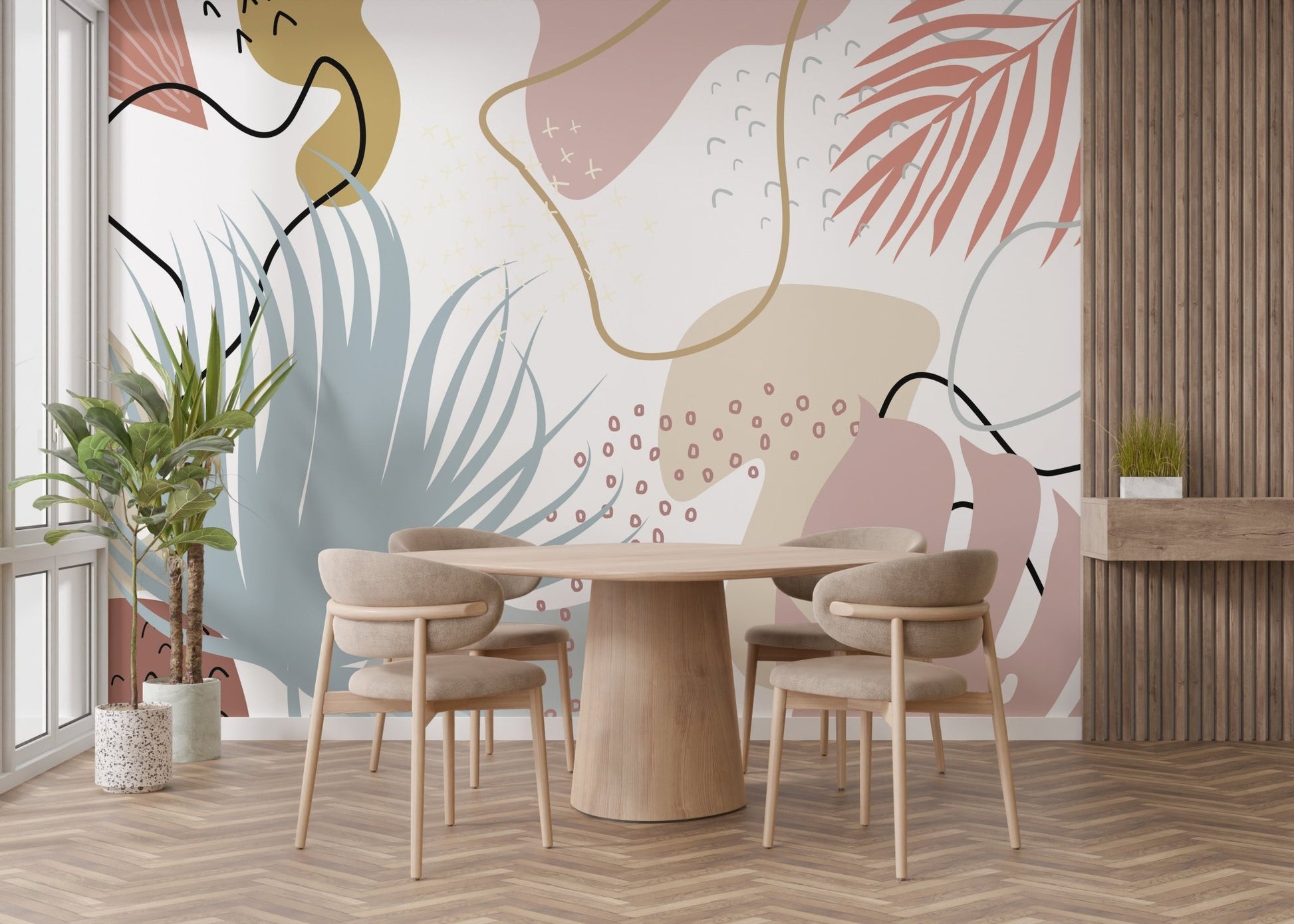 Vibrant leavescape mural with radiant autumn tones for dining area decor.
