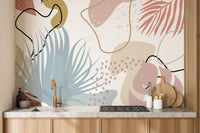 Artistic autumn mural with glowing leaves and seasonal charm in kitchen backdrop.
