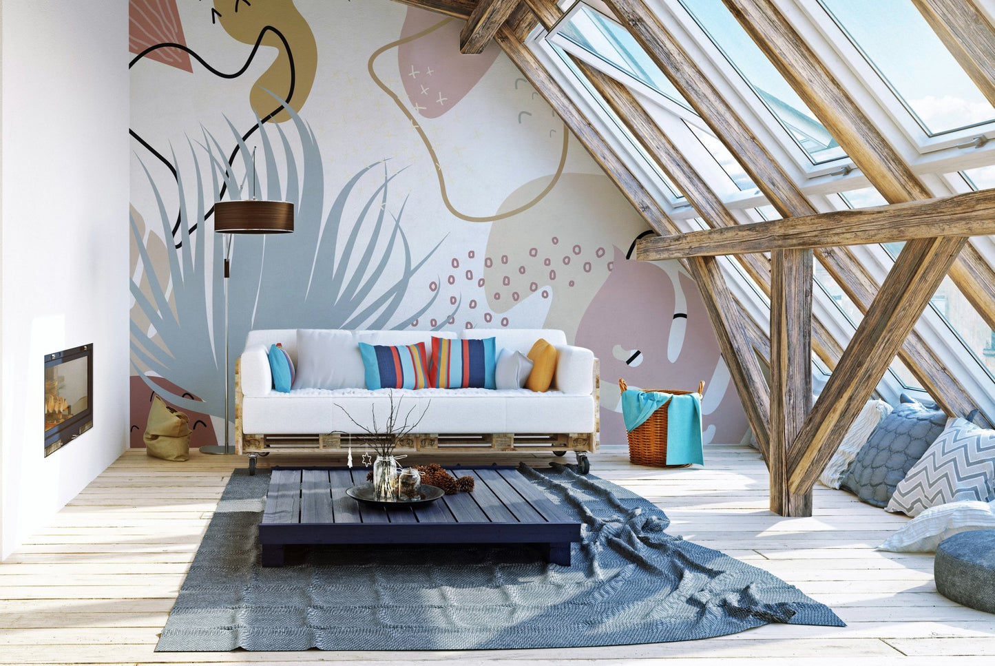 Autumn leavescape mural with colorful fall foliage for attic living interiors.
