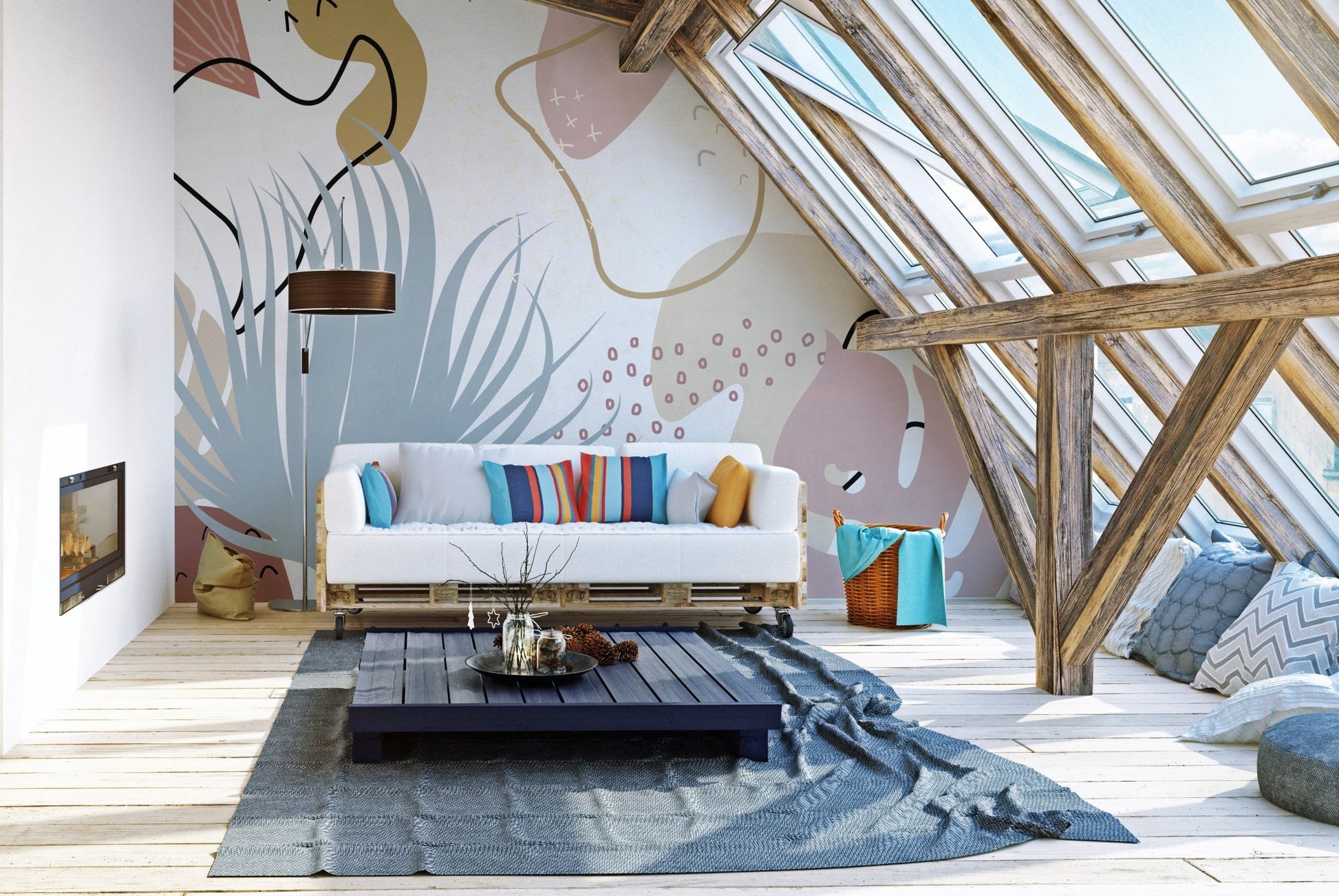 Autumn leavescape mural with colorful fall foliage for attic living interiors.
