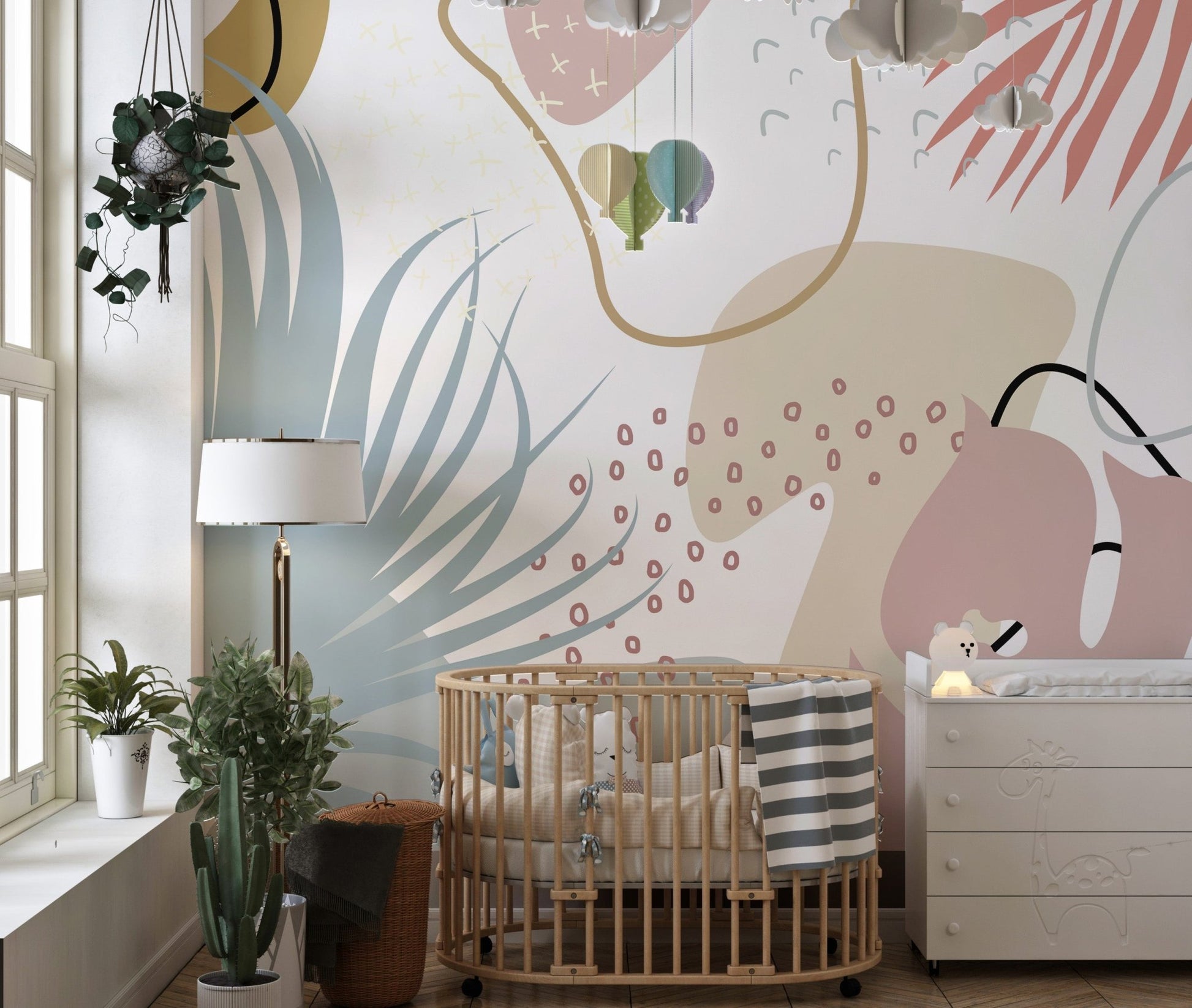 Radiant mural of autumn leaves creating a serene seasonal scene in kids room.
