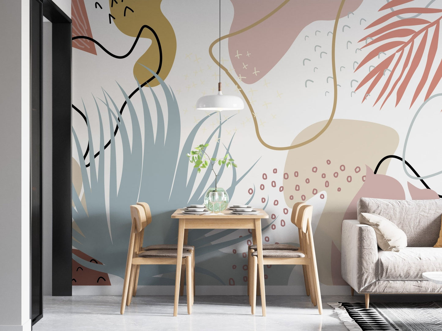 Autumn leaves mural adding warmth and beauty to modern dining room walls.

