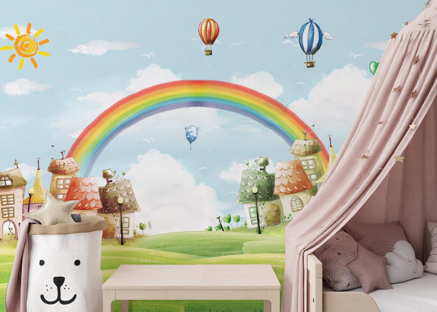 Pastel sky and rainbow wallpaper in a bedroom with a soft pink canopy bed.