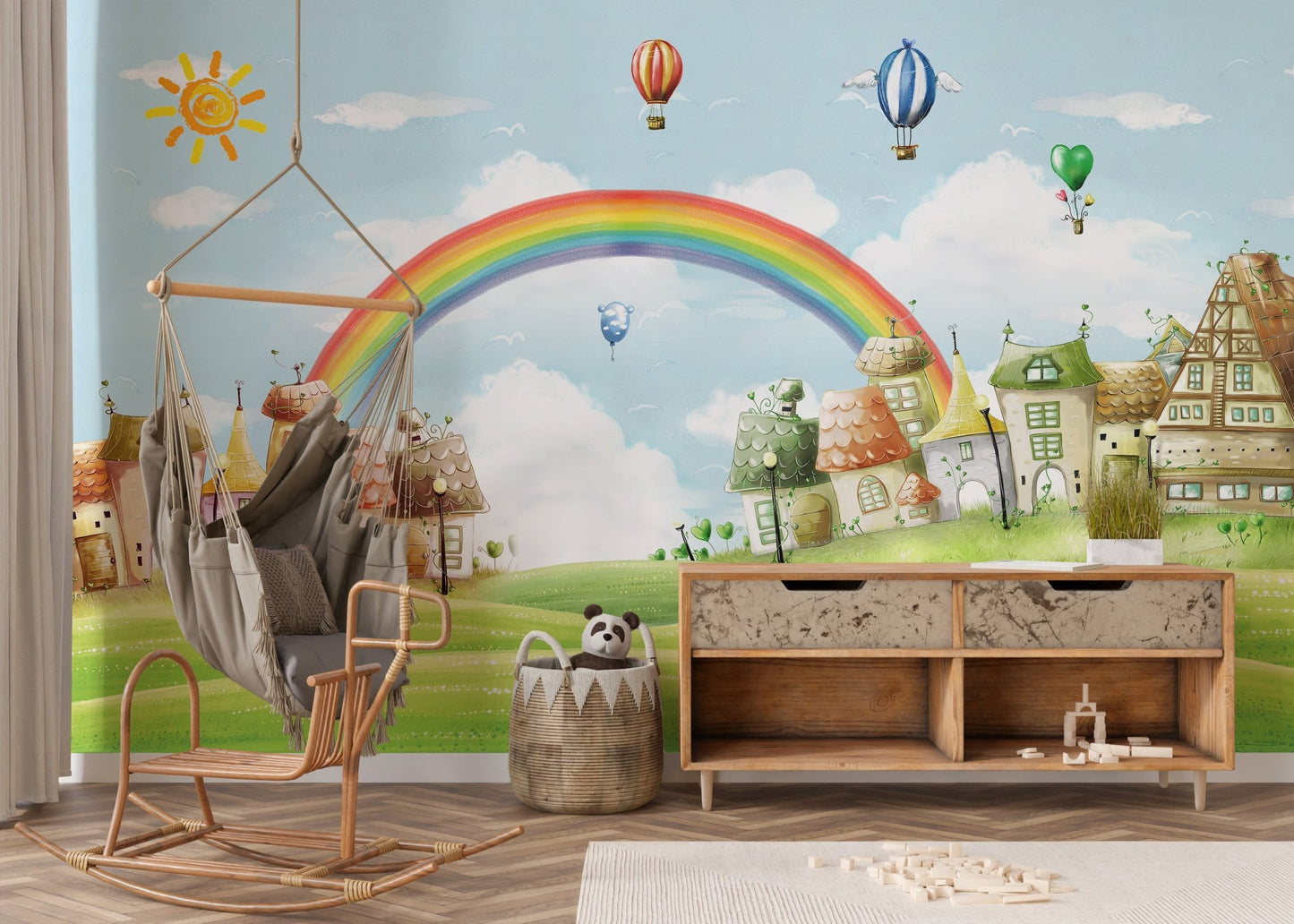 Fun hot air balloon wall mural in a room with a wooden hanging swing chair.