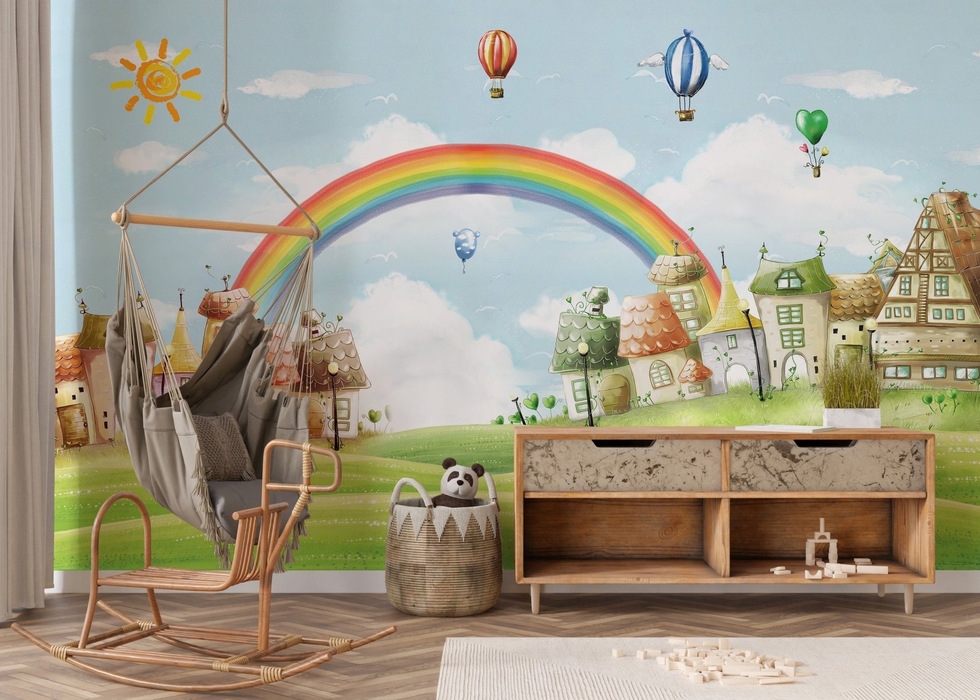 Fun hot air balloon wall mural in a room with a wooden hanging swing chair.