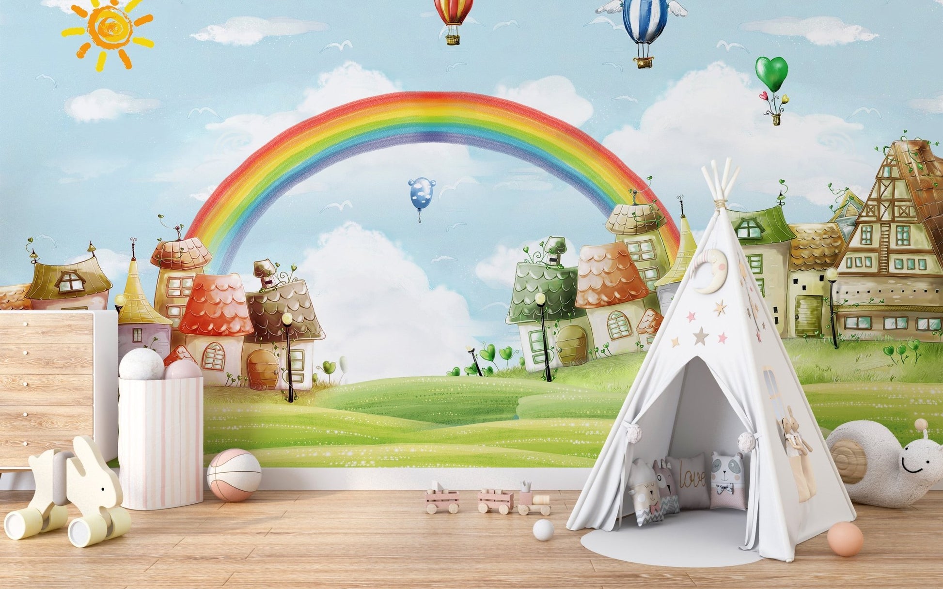 Rainbow & Balloons in Kids Fantasy City Murals behind a white play teepee tent.