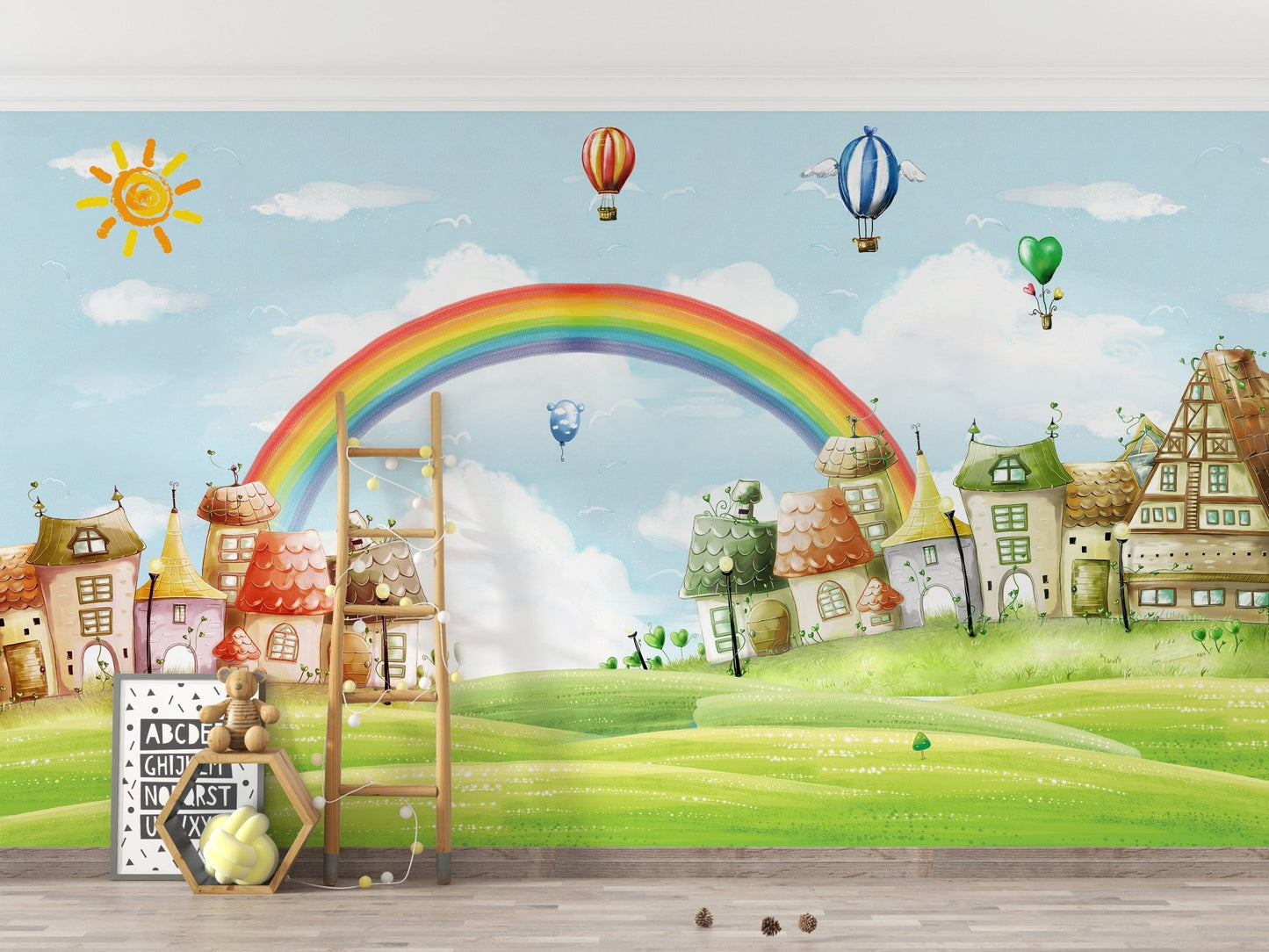 Cheerful rainbow wall mural used as a feature wall in a modern child’s space.