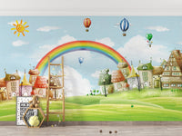 Cheerful rainbow wall mural used as a feature wall in a modern child’s space.