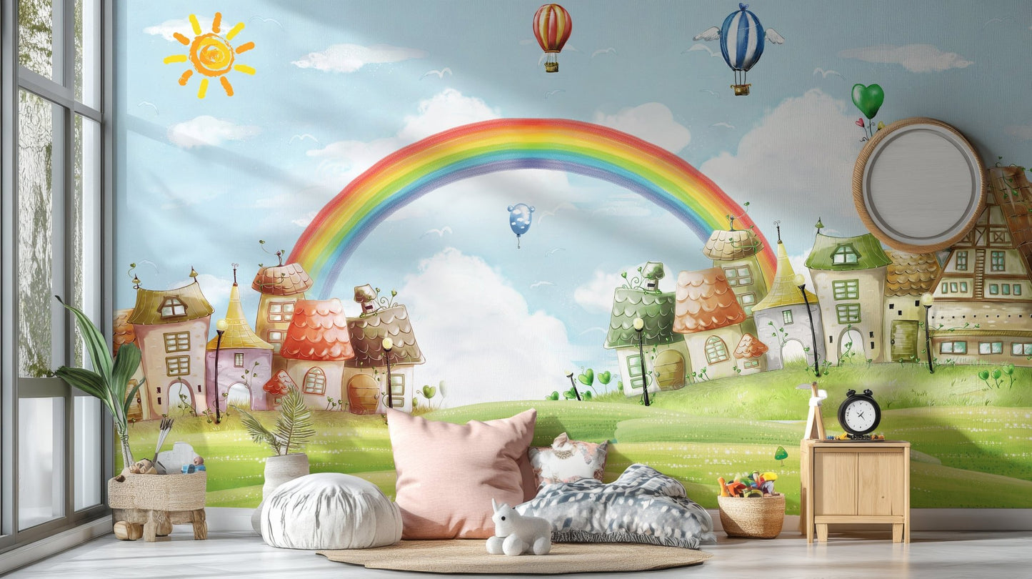 Colorful rainbow and balloons wall mural in a bright playroom with plush cushions.