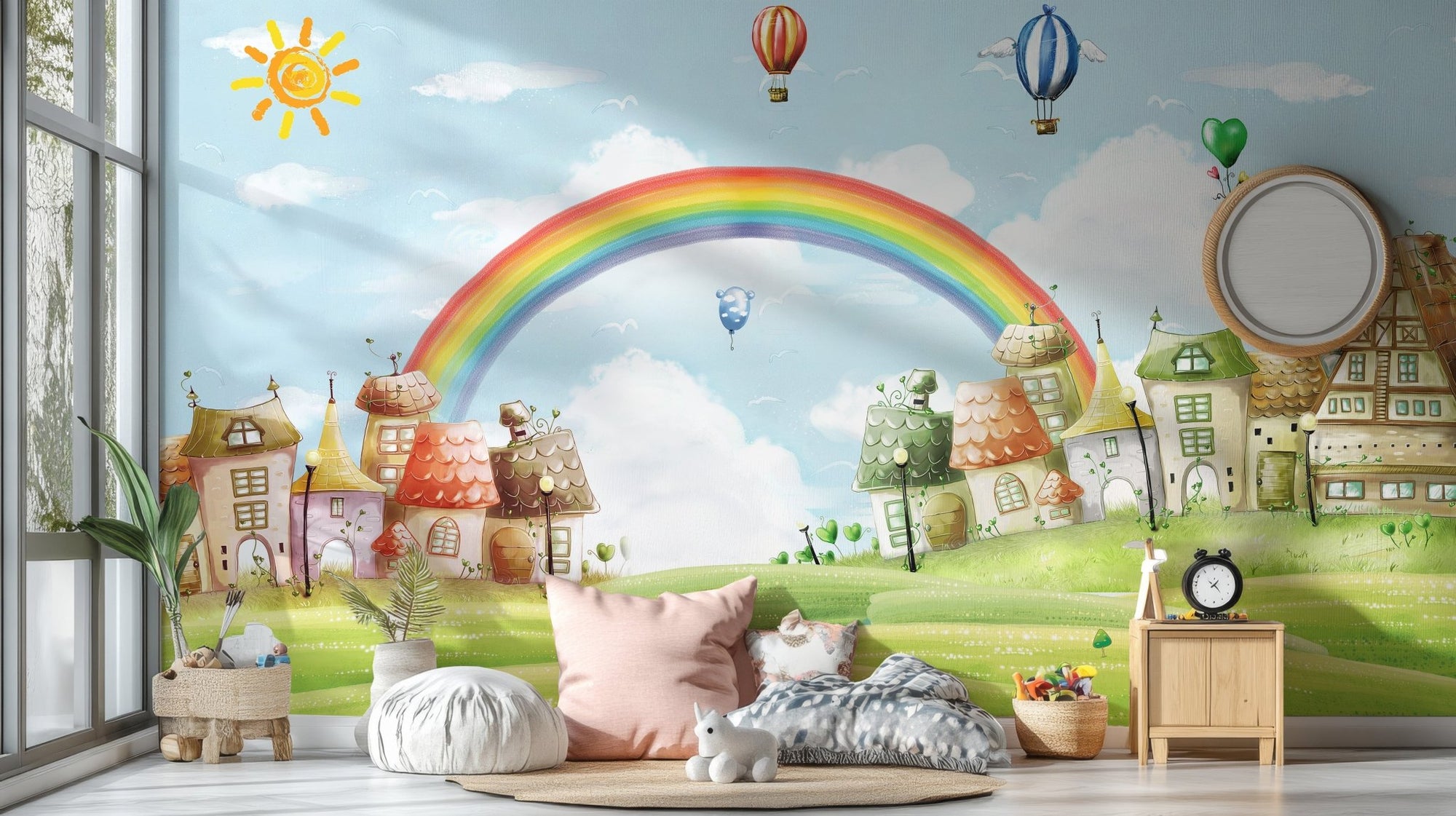 Colorful rainbow and balloons wall mural in a bright playroom with plush cushions.