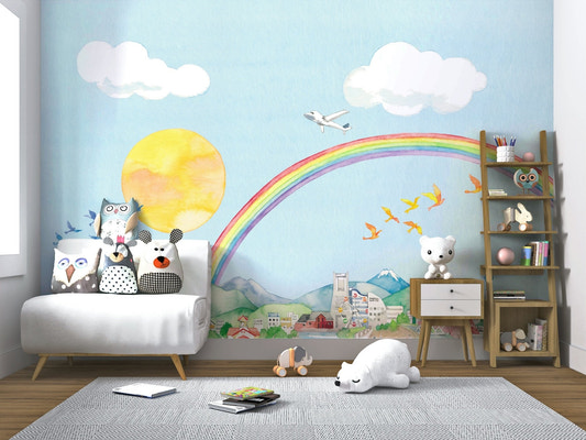 Rainbow Flight A Cityscape in Watercolor Wall Mural in vibrant hues.
