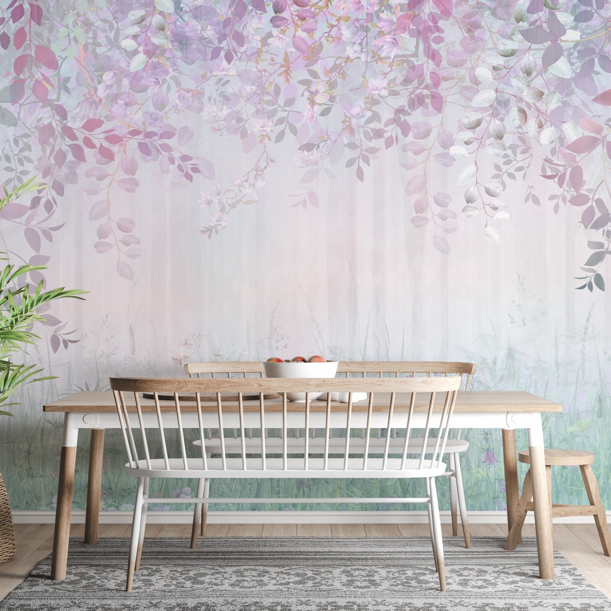 Rainbow haze forest wallpaper mural in soft pastel hues.
