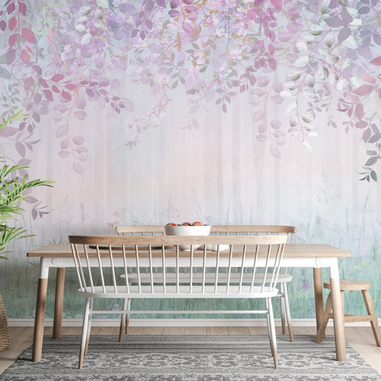 Rainbow haze forest wallpaper mural in soft pastel hues.