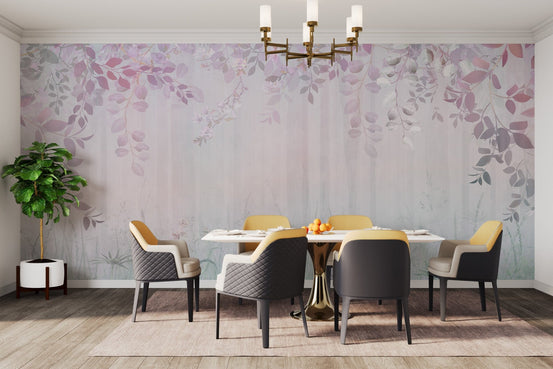 Whimsical misty forest wall mural with hanging lavender leaves.