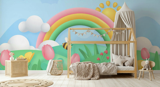 Rainbow Meadow Adventures Wall Mural with green hills and colorful arches wallpaper.