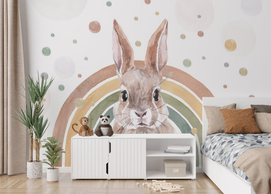 Pastel rainbow wall mural featuring illustrated rabbit design.