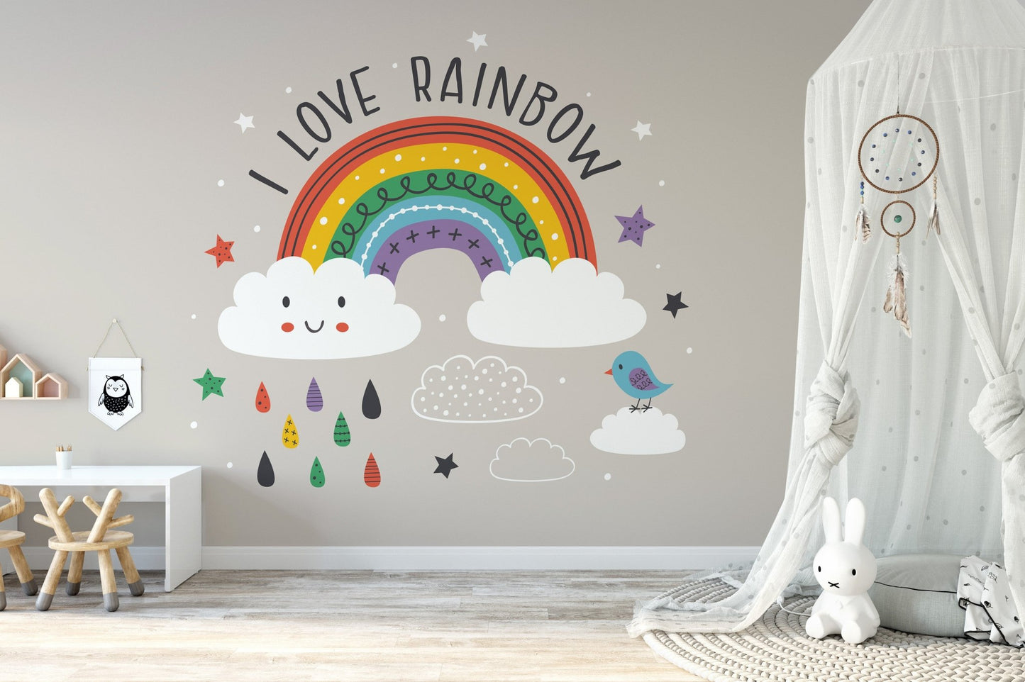 Rainbow Scenery Kids Room Wall Murals in a bright room with a white floor mat.