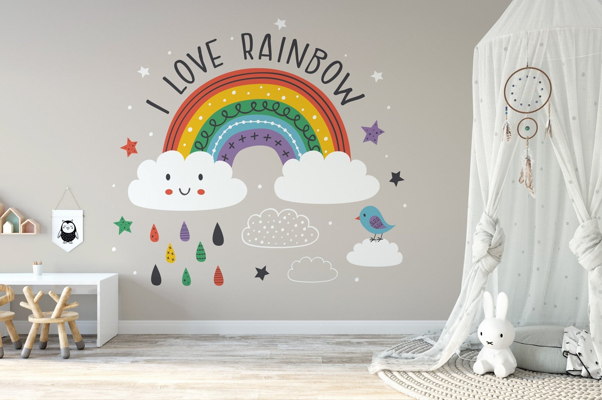 Rainbow Scenery Kids Room Wall Murals in a bright room with a white floor mat.