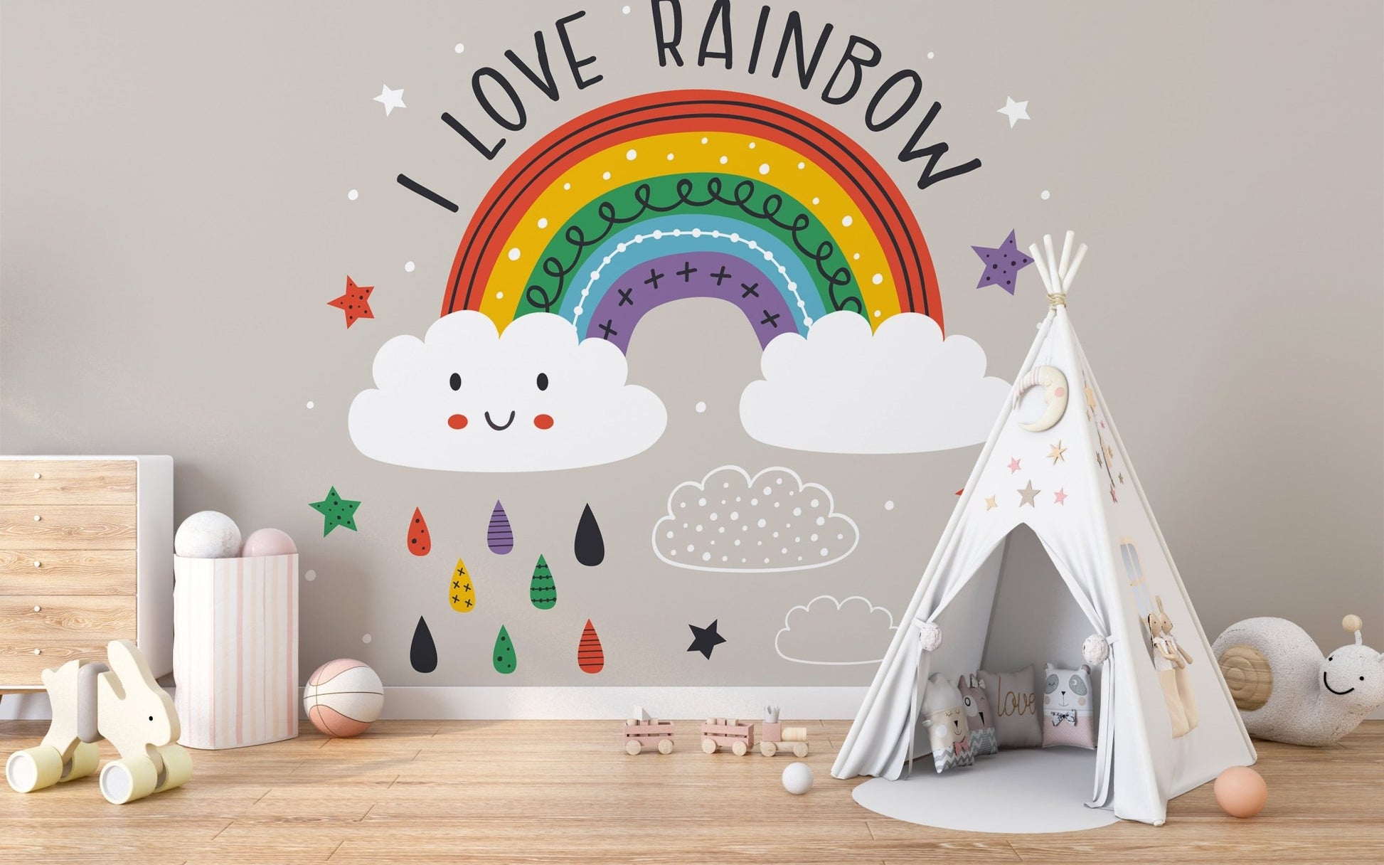 White teepee tent placed in front of a Rainbow Scenery Kids Room Wall Murals backdrop.