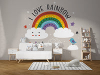 Playroom featuring a large rainbow wall mural with smiling clouds and raindrops.