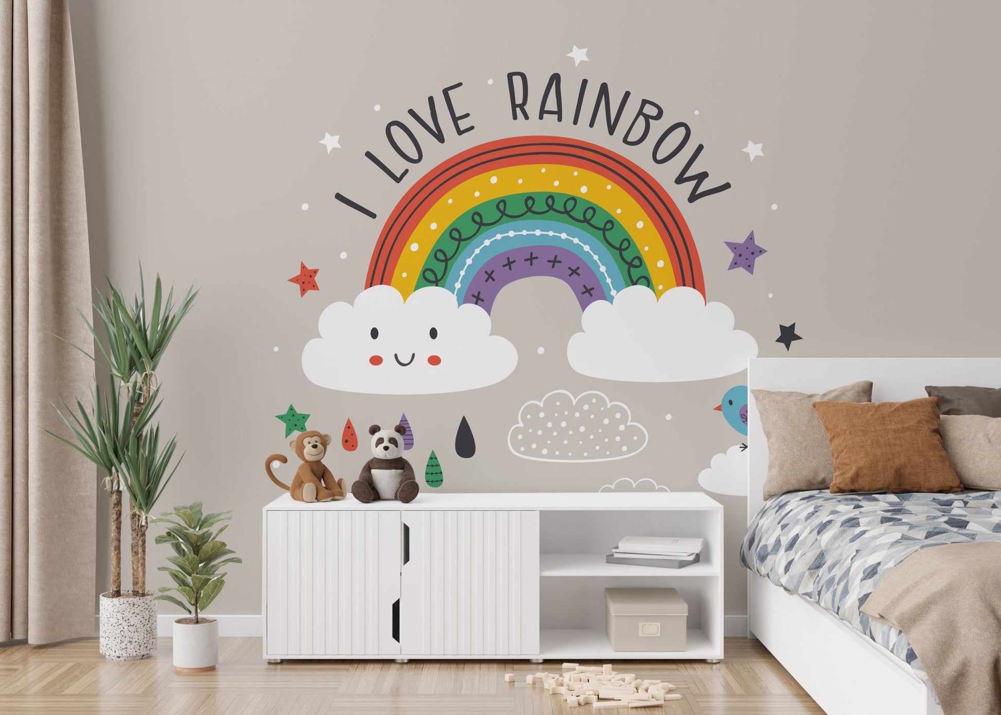 Rainbow Scenery Kids Room Wall Murals in a bedroom with a white cabinet and indoor plants.