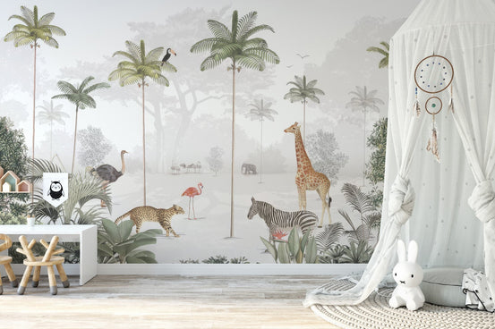 Rainforest animals wall mural with giraffe and zebra in soft tones.