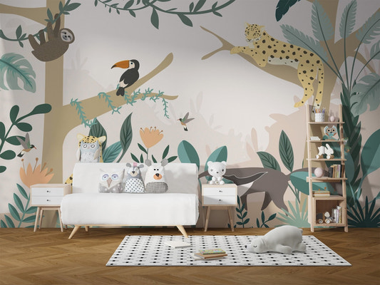 Rainforest friends wall mural with leopards and tropical greenery.