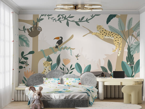 Sophisticated rainforest wall mural with muted greens and tans.