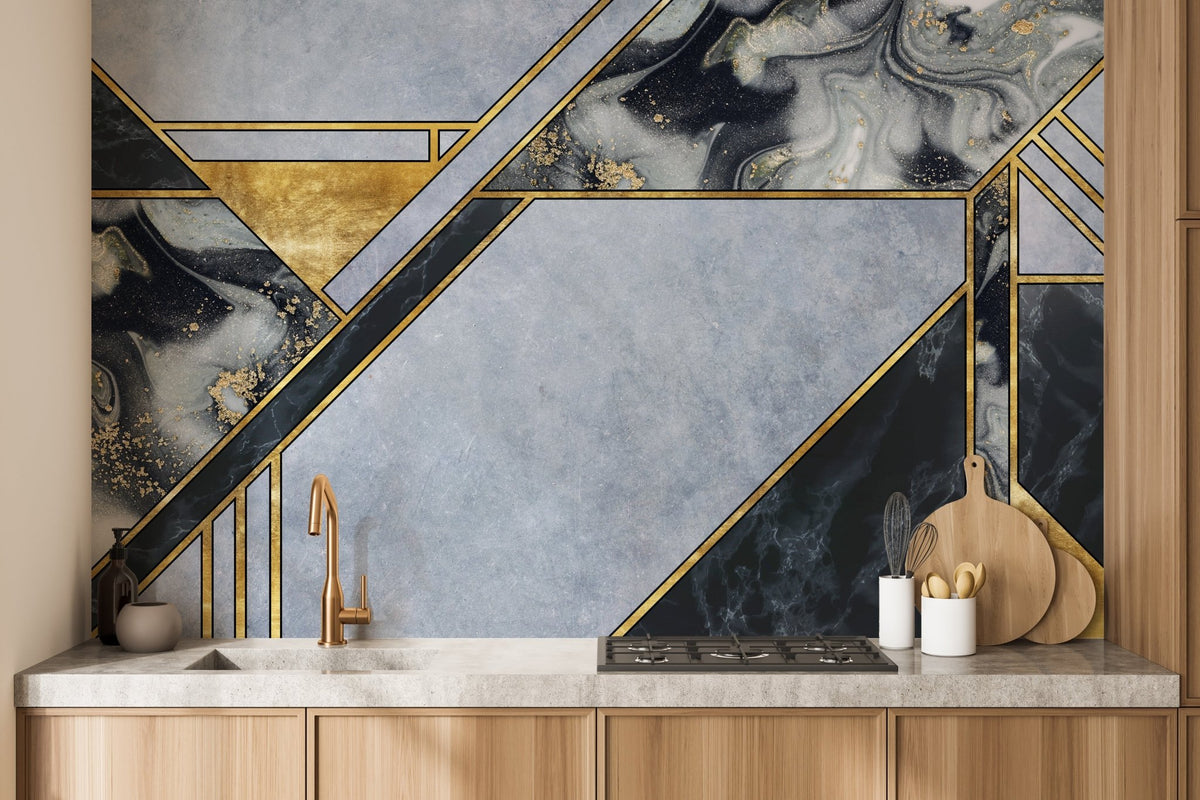 Realistic marble design wall mural with gold geometric lines in a kitchen.