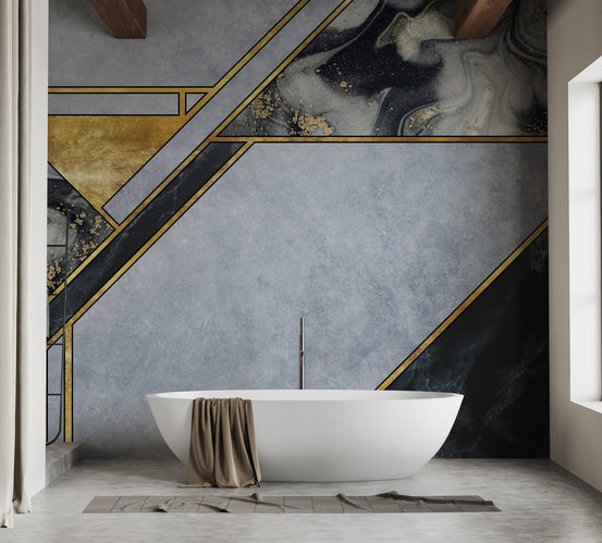 Geometric marble pattern wall mural in a bathroom with a freestanding tub.