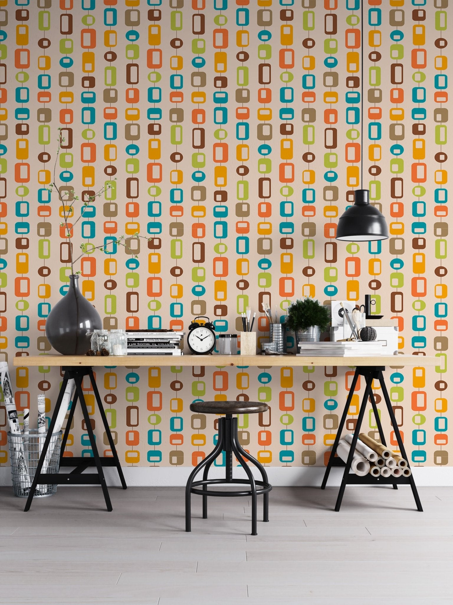 Study room desk against colorful rounded rectangle pattern wall mural