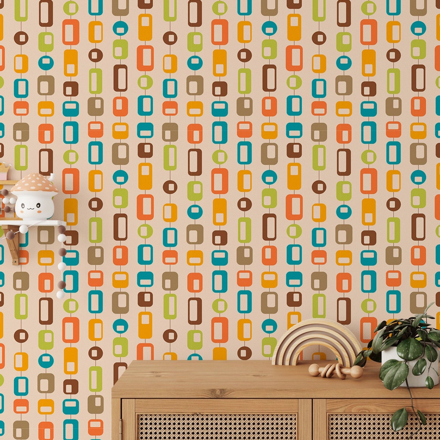 Wooden sideboard display with retro mid century wall mural