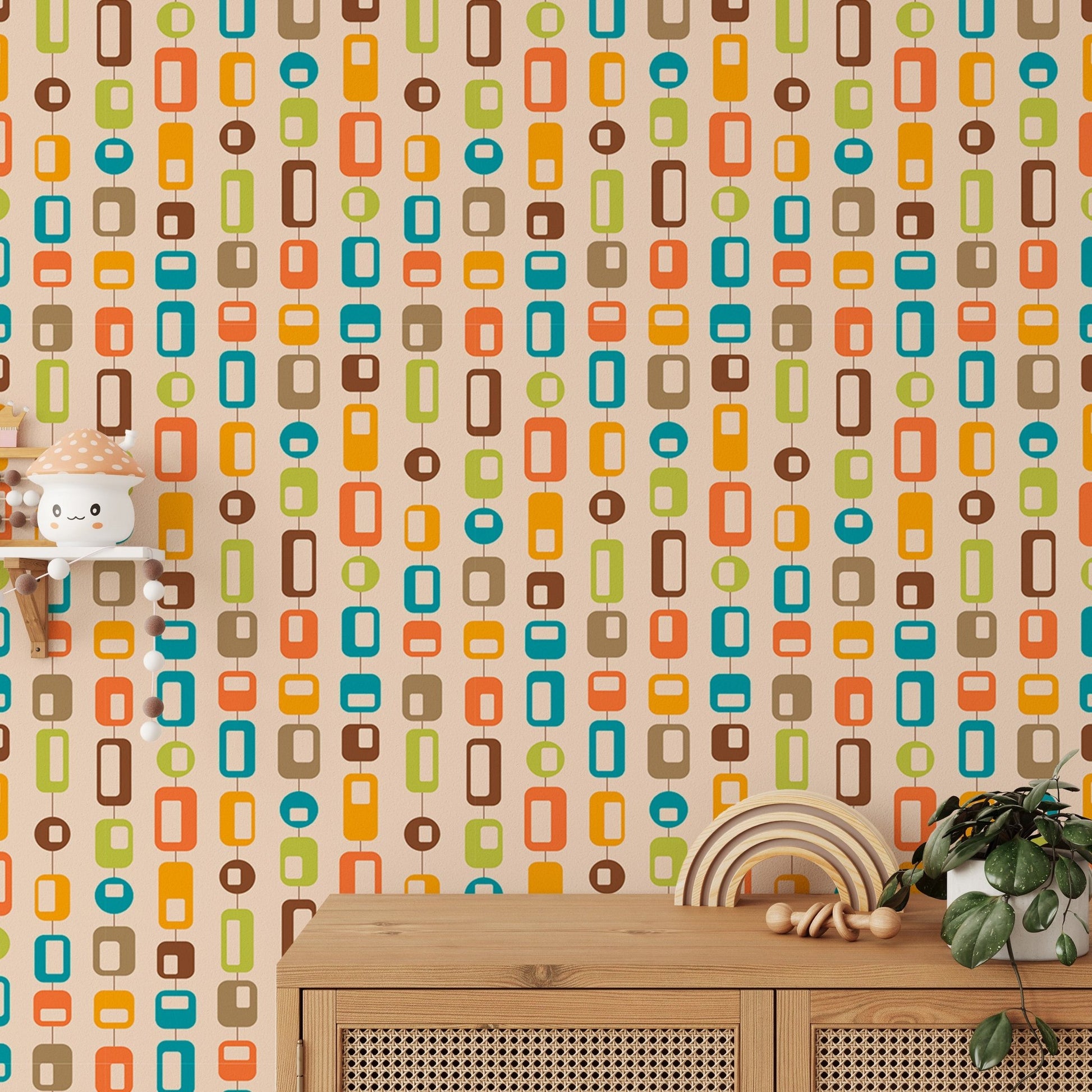 Wooden sideboard display with retro mid century wall mural