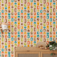 Wooden sideboard display with retro mid century wall mural
