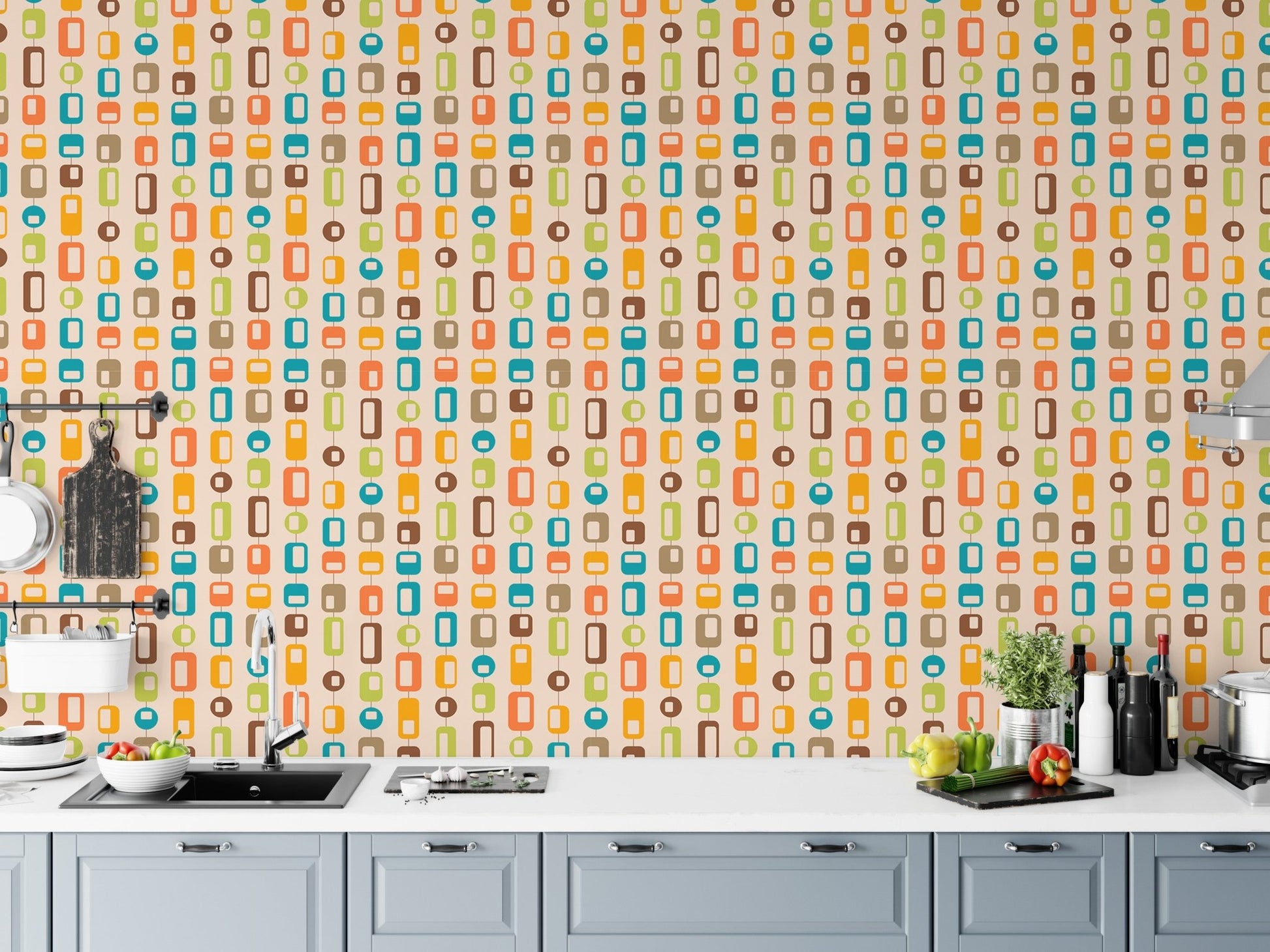 Kitchen counter with mid century vintage style geometric wall mural