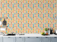Kitchen counter with mid century vintage style geometric wall mural