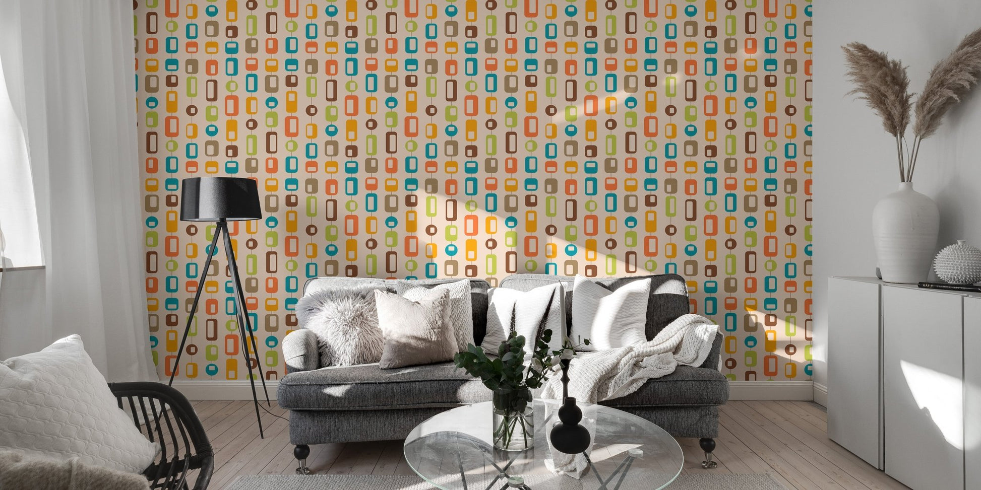 Living room with grey sofa and Rectangle and Rounded Mid Century Vintage Wall mural.